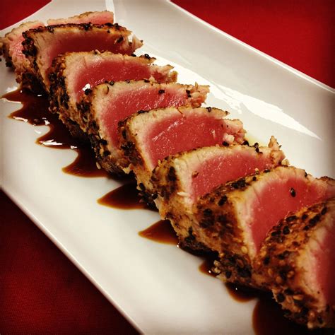 Sesame crusted seared Yellowfin Ahi tuna tataki with sweet soy sauce. | Food, Tuna tataki, Tasty