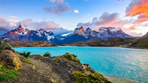 View on Torres del Paine over the Pehoe lake, Patagonia, Chile ...