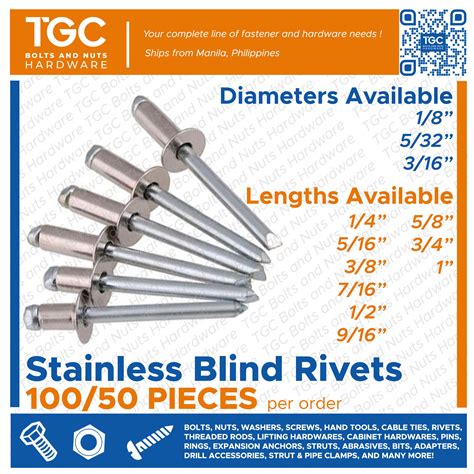 TGC 100/50PCS Stainless Blind Rivets 1/8 5/32 3/16 inches Pop Rivets SS304 / SS Blind Rivets ...