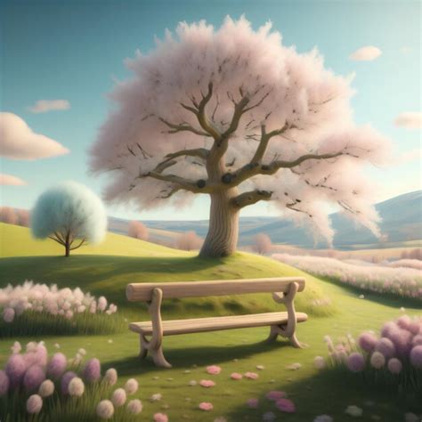 Premium Photo | A painting of a park bench with a tree and a bench.