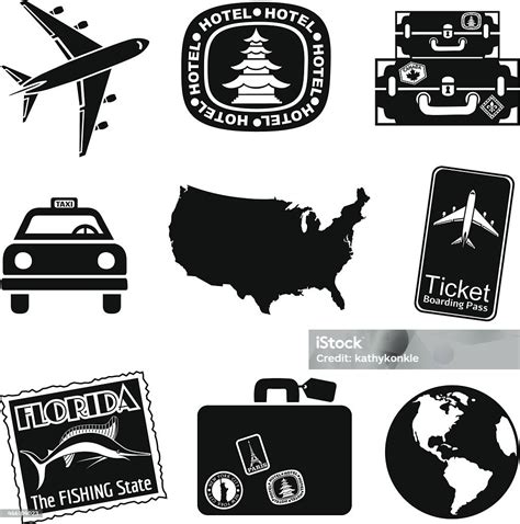 Travel Icon Set Black And White Stock Illustration - Download Image Now - Airplane, Airplane ...