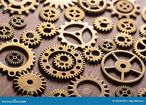 Steampunk Mechanical Cogs Gears Wheels on Wooden Background Stock Photo - Image of mechanism ...