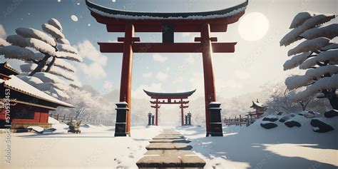 Torii Gate at the Entrance of a Shinto Shrine. Snow storm. Japanese Torii gate. Generative AI ...