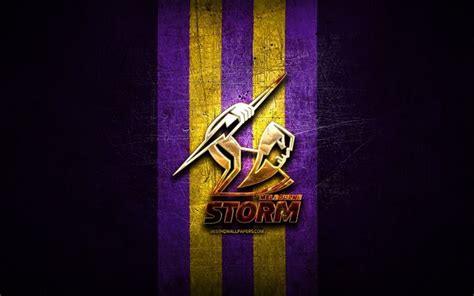 Download wallpapers Melbourne Storm, golden logo, National Rugby League, violet metal background ...