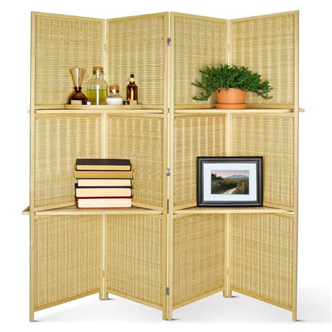Fionafurn 4 Panels Room Divider with Display Shelves Weave Fiber Folding Privacy Screen, Natural ...