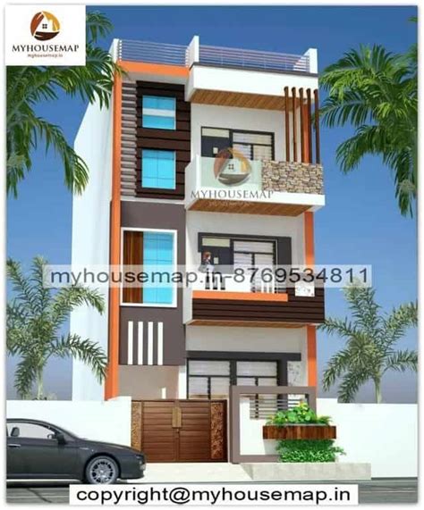 3 floor front normal house design with glass section and boundary wall