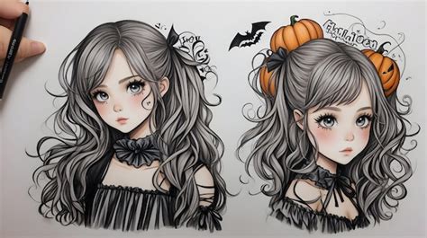 A drawing of a girl sticker with different color happy Halloween ...