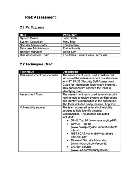 risk assessment report template