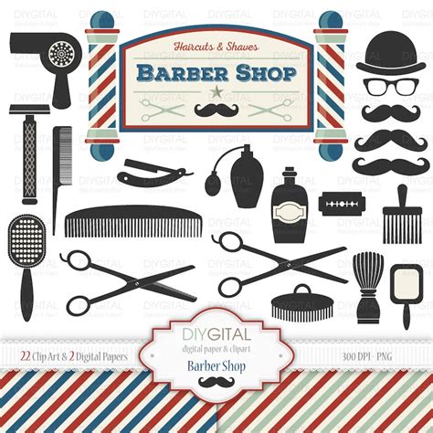 Barber Shop Clip Art Set 22 Printable Cliparts & 2 Digital Papers for Scrapbooking, Cards, Web ...