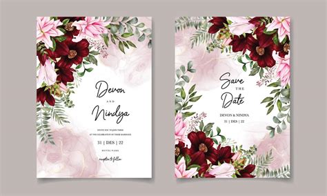 Beautiful wedding invitation card with burgundy flower decoration 6416973 Vector Art at Vecteezy