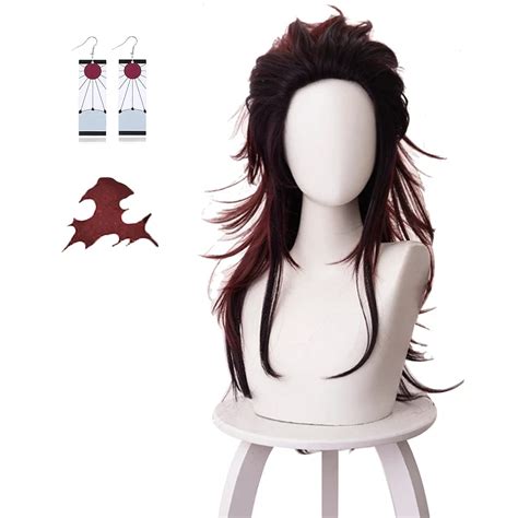 Buy Adecors Demon Slayer Tanjiro Cosplay Wig Female Long Kimetsu No Yaiba Wig with Earrings ...