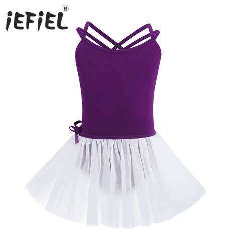 Kids Girls Cotton Spaghetti Shoulder Straps Ballet Dance Gymnastics Leotard with Mesh Tied Skirt ...