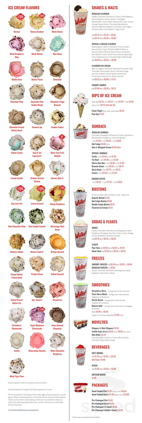 Whitey's Ice Cream menu in Davenport, Iowa, USA