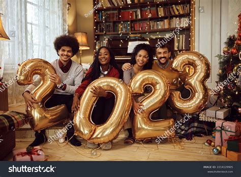 Group Multiracial Friends 2023 Golden Balloons Stock Photo 2214129905 ...