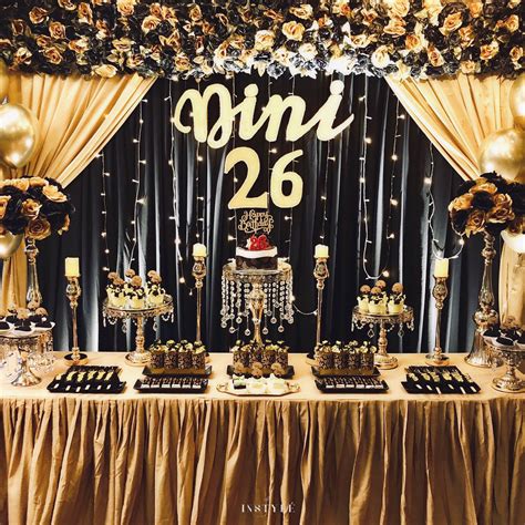 Black & Gold Dessert Table | Gold birthday party decorations, Black and gold party decorations ...