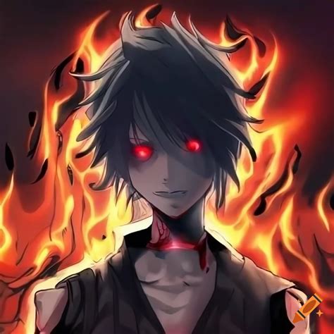 Anime character with glowing eyes and fiery background on Craiyon