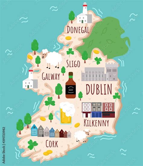 Cartoon map of Ireland. Travel illustration with irish landmarks, buildings, food and plants ...