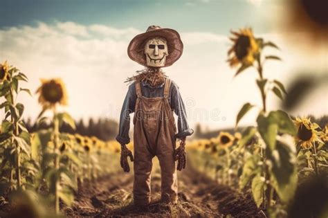 Scarecrow Standing in Sunflower Field. Generate Ai Stock Image - Image ...