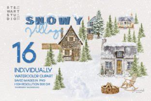 Snowy Village Watercolor Clipart. Graphic by STEWART.STUDIO · Creative Fabrica