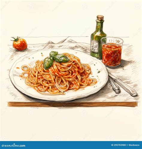 Realistic Hand Drawn Illustration of Spaghetti in Tomato Sauce Stock Illustration - Illustration ...