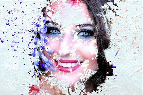 Colorful portrait of the smiling girl with flowers and paint splatter, on the paper, clipart ...
