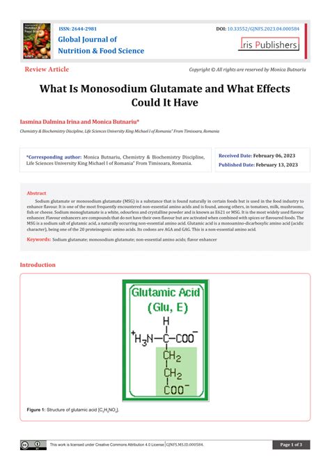 (PDF) What Is Monosodium Glutamate and What Effects Could It Have Global Journal of Nutrition ...