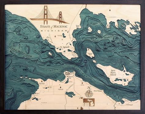 Straits of Mackinac, Michigan Wood Map Art | Mackinac Bridge – Michigan ...