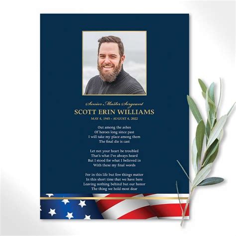 Military Veteran Funeral Memorial Card with a Photo and Poem