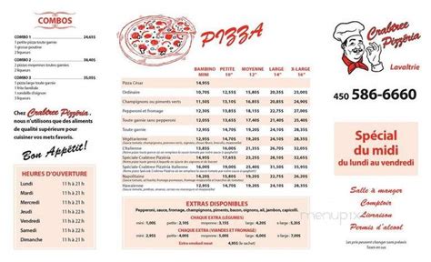 Menu of Crabtree Pizzeria in Crabtree, QC J0K 1B0