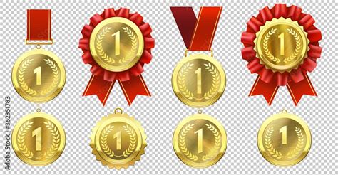 Realistic gold medal. Champion medals with number one and red ribbons ...