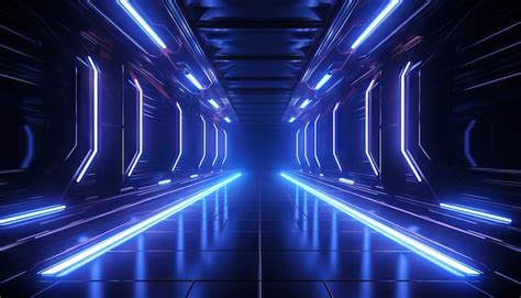 Premium AI Image | Sci Fi Modern Dark Led Tubes Neon Glowing Blue Tunnel Corridor Illustration