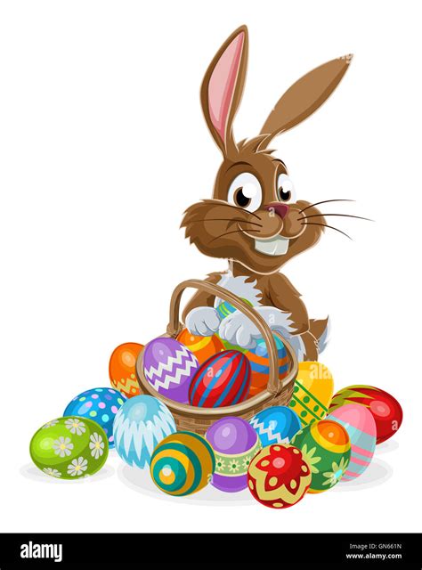 Easter bunny rabbit cartoon character holding an Easter Eggs basket full of eggs, could be on a ...