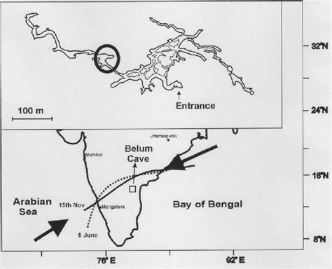 Map showing location of the Belum Cave in peninsular India. Contours ...