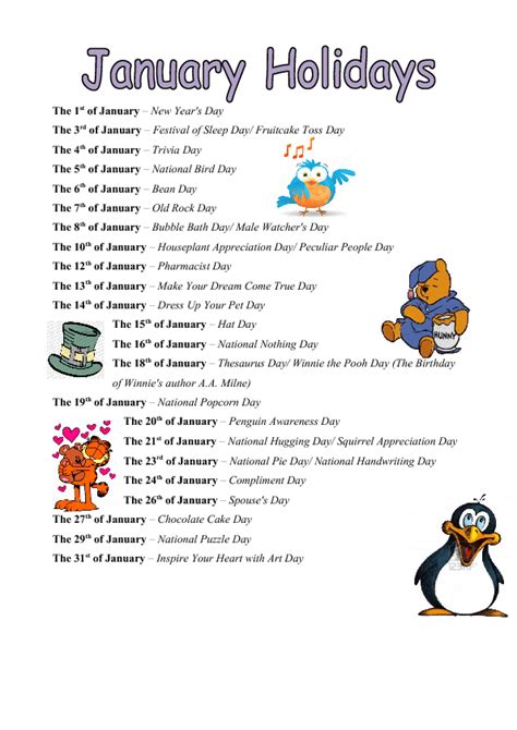 January Holidays Calendar