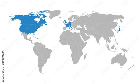 G7 countries map highlighted blue on world map vector. Gray background. Perfect for business ...