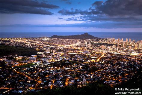 Downtown Honolulu City Lights at Night w/ Diamond Head Crater | Etsy