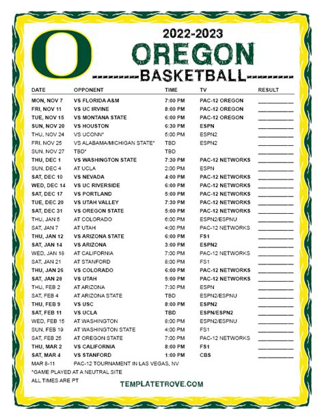 Printable 2022-2023 Oregon Ducks Basketball Schedule