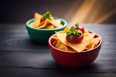 Premium AI Image | a bowl of nachos with a bowl of chips and a bowl of chips.