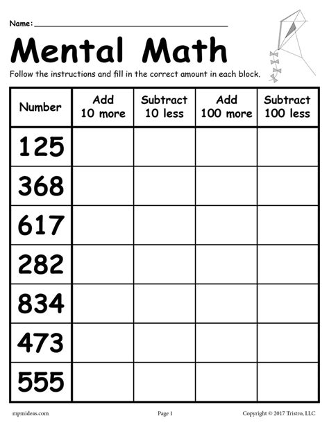 FREE Mental Math Addition & Subtraction Worksheet! – SupplyMe