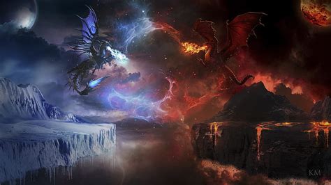 1080P free download | Ice Vs Fire Dragon Fight, HD wallpaper | Peakpx