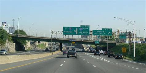 WB I-40/NB I-65 near their stack interchange on the northwest side of Downtown Nashville.