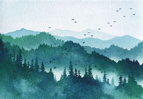 Watercolor Mountains - Handpainted Landscape Art Pine Trees Forest ...