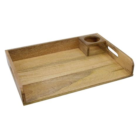 Stonebriar Collection Natural Mango Wood Serving Tray with Handles and Built in Drink Holder in ...