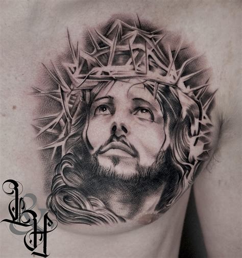 Black and Grey Jesus with Crown of Thorns Tattoo - Love n Hate