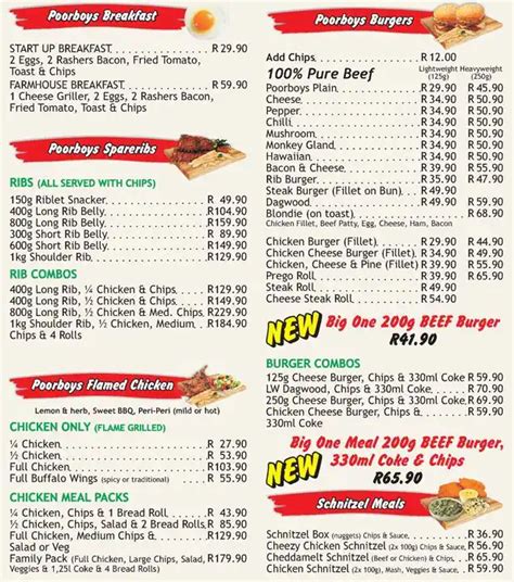 Poorboys Menu, Menu for Poorboys, Wolmer, Pretoria - Zomato SA