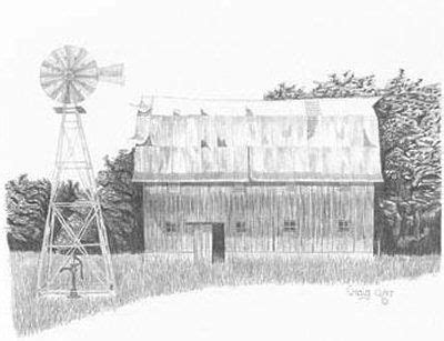 Old Barn & Windmill Pencil Sketch by Craig Cassell, a quadraplegic ...