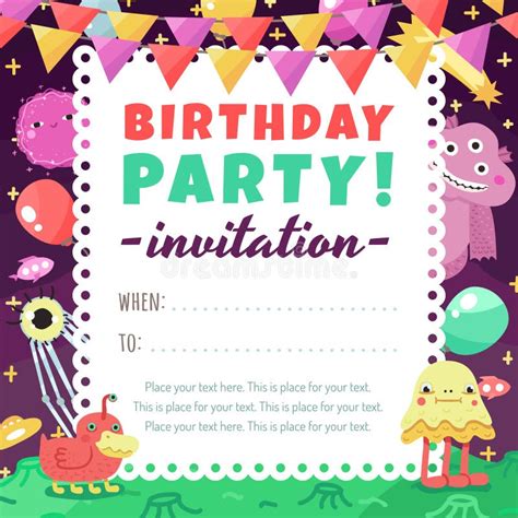 Birthday Party Funny Space Invitation With Cartoon Aliens And Monsters ...