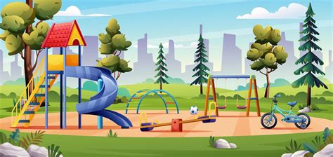 Kids playground landscape with slide, swing, bicycle and seesaw cartoon ...