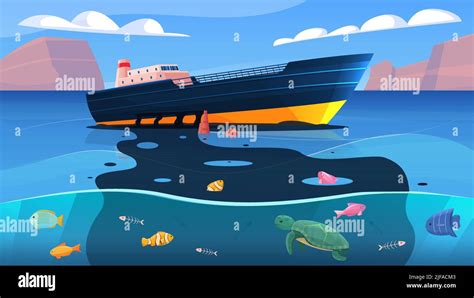 Oil spill eco accident on tanker floating in ocean flat colored ...