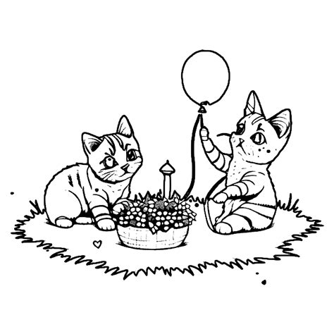 Kittens Playing in the Yard Coloring Page with Balloon and Flowers · Creative Fabrica